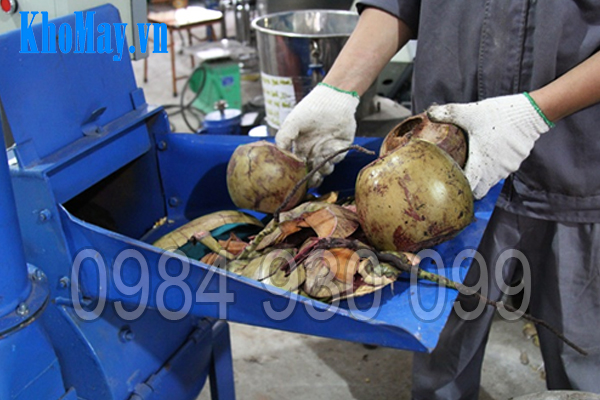 Kỹ thuật viên đang băm quả dừa khô với máy băm vỏ dừa, gỗ tạp, ván bóc 3A22Kw