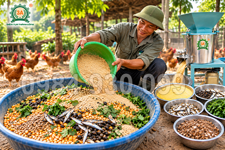 Tự Trộn Cám Gà Thả Đồi